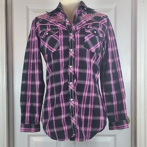 Rock & Roll Cowgirl Pink and Black Plaid Button Down Shirt